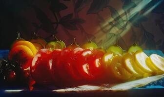 AI generated sliced tomatoes on a cutting board with water drops on a dark background photo