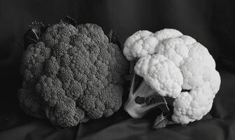 AI generated Cauliflower and broccoli on black background. Black and white photo. photo