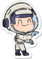 distressed sticker of a happy cartoon astronaut man png