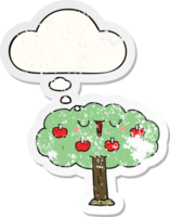 cartoon apple tree with thought bubble as a distressed worn sticker png