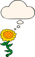 cartoon sunflower with thought bubble in comic book style png