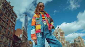 AI generated Woman Standing in Front of Colorful Building photo