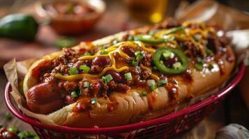 AI generated Chili Cheese Dog in Red Bowl photo