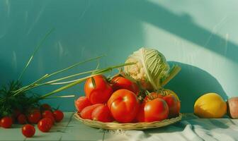 AI generated Fresh vegetables in a wicker basket on a wooden table. Selective focus. photo