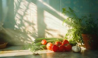 AI generated Tomatoes, cucumbers, garlic and dill on the kitchen table photo