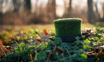 AI generated St. Patrick's Day background with green hat and clover on green grass photo