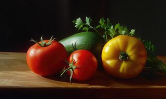 ai generado vegetales en un de madera tablero en un negro fondo, de cerca foto