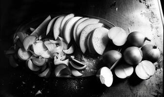 AI generated Sliced apples and onions on a cutting board in black and white photo