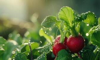 AI generated Red radish growing in the garden with water droplets on the leaves. photo