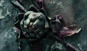 AI generated Artichoke flower on grunge background with space for text. photo