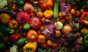 AI generated Tomatoes background. Top view of different varieties of tomatoes. Vegetables background. photo