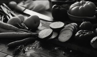 ai generado todavía vida con vegetales en un rústico antecedentes. negro y blanco. foto