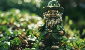 AI generated Saint Patrick's Day background with green clover and leprechaun photo