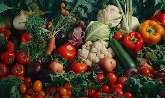 AI generated Variety of fresh vegetables background. Top view, flat lay. photo