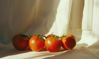 AI generated Tomatoes on a white tablecloth. Close-up. Selective focus. photo