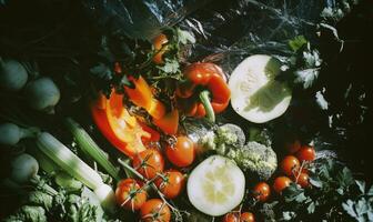 ai generado vegetales en el plastico bolsa. sano comida concepto. parte superior vista. foto