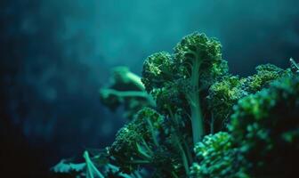 AI generated Close up of fresh green kale on dark background. Selective focus. photo