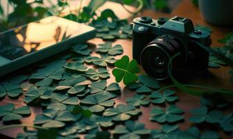 AI generated St. Patrick's Day. Green clover leaves and camera on wooden table. photo