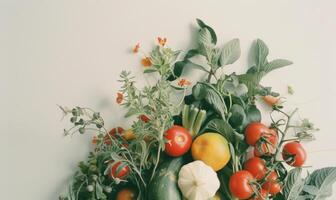 ai generado Tomates, pepinos, calabacín y perejil en un blanco antecedentes foto