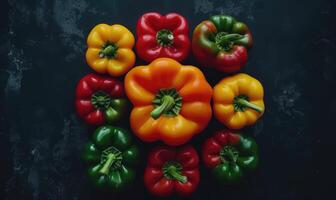 AI generated Colorful bell peppers on dark background, top view, copy space photo