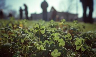 AI generated four-leaf clover in the park, shallow depth of field photo