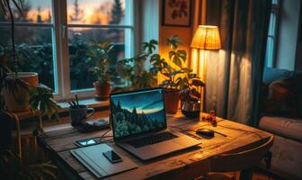 AI generated Working at home with a laptop and a smartphone on a wooden table photo