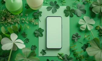 AI generated Smartphone mockup with green clover leaves on a green background photo