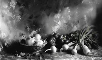 ai generado todavía vida con vegetales en un negro antecedentes. negro y blanco foto. foto