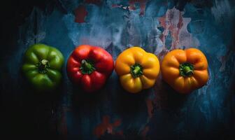 AI generated Colorful bell peppers on dark background, top view, copy space photo