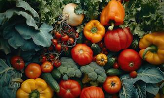 AI generated Variety of fresh vegetables background. Top view, flat lay. photo