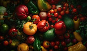 AI generated Variety of fresh vegetables background. Top view, flat lay. photo