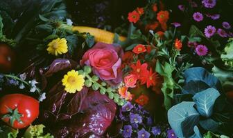 ai generado vistoso flores y vegetales en el mercado, de cerca de foto