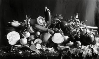 ai generado todavía vida con vegetales en un rústico antecedentes. negro y blanco. foto