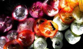 ai generado cerca arriba de rebanado Tomates y pepinos en agua en negro antecedentes foto