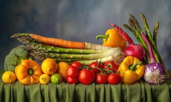 ai generado un lote de Fresco vegetales en un gris fondo, de cerca foto