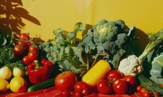 AI generated Vegetables and fruits on a yellow background. Healthy food. photo