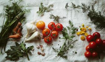 ai generado vegetales en el mesa. Cereza Tomates, ajo, eneldo, perejil, perejil foto