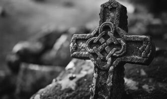 AI generated black and white image of a Celtic cross on a grave in a cemetery, copy space photo