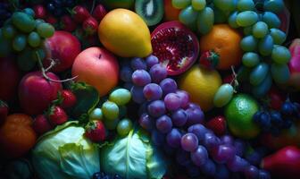 AI generated Variety of fruits and vegetables as a background, top view. photo