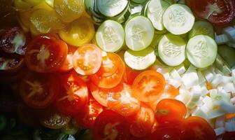 ai generado rebanado Tomates, pepinos y cebollas en un lámina. foto