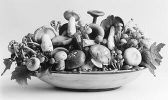 AI generated mushrooms in a bowl on a white background, black and white photo