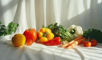 ai generado Fresco vegetales en blanco tela. sano comida concepto. selectivo enfocar. foto