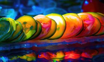 AI generated Cucumber slices in a glass plate on a blue background. photo