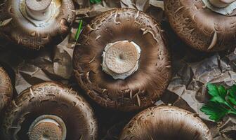 AI generated Fresh champignon mushrooms on rustic paper background, top view photo