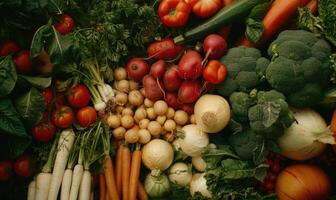 ai generado cosecha de Fresco orgánico vegetales en el mesa. selectivo enfocar. naturaleza. parte superior vista. foto