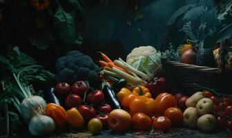 AI generated still life with fresh vegetables on rustic background, vintage toned photo