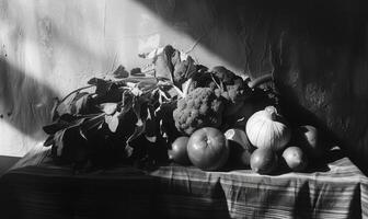 ai generado todavía vida con vegetales en un rústico antecedentes. negro y blanco. foto