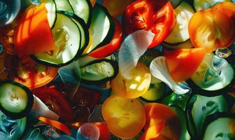 AI generated Colorful tomatoes and cucumbers in water as background. Top view photo