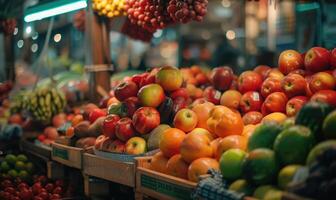 ai generado frutas y vegetales en el mostrador de un mercado foto