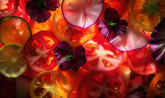 AI generated Slices of fresh tomatoes and cucumbers as background, top view photo